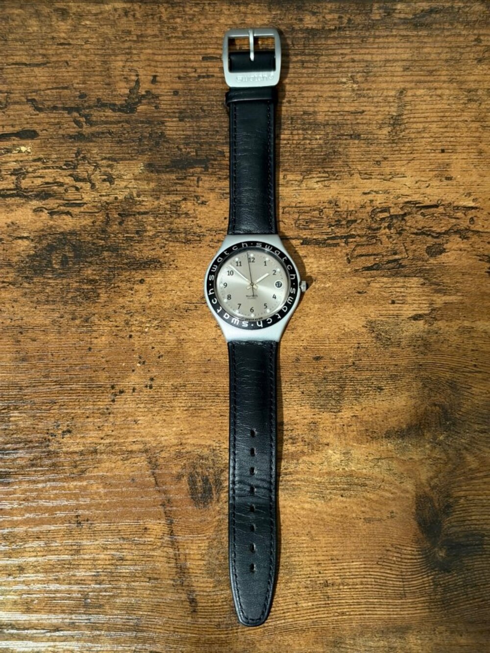 Swatch Irony Men's Silver Black Date Leather Strap Swiss